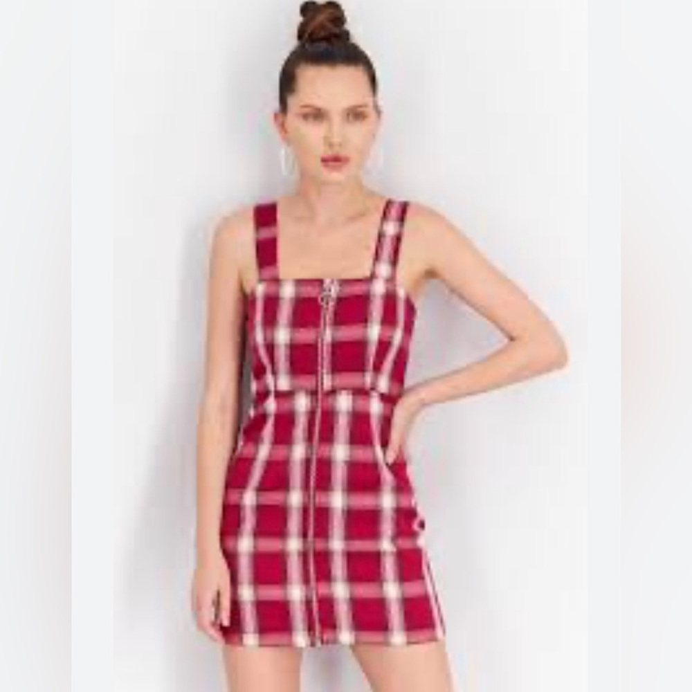 NWOT Forever 21 maroon plaid romper mini skater dress front zipper large